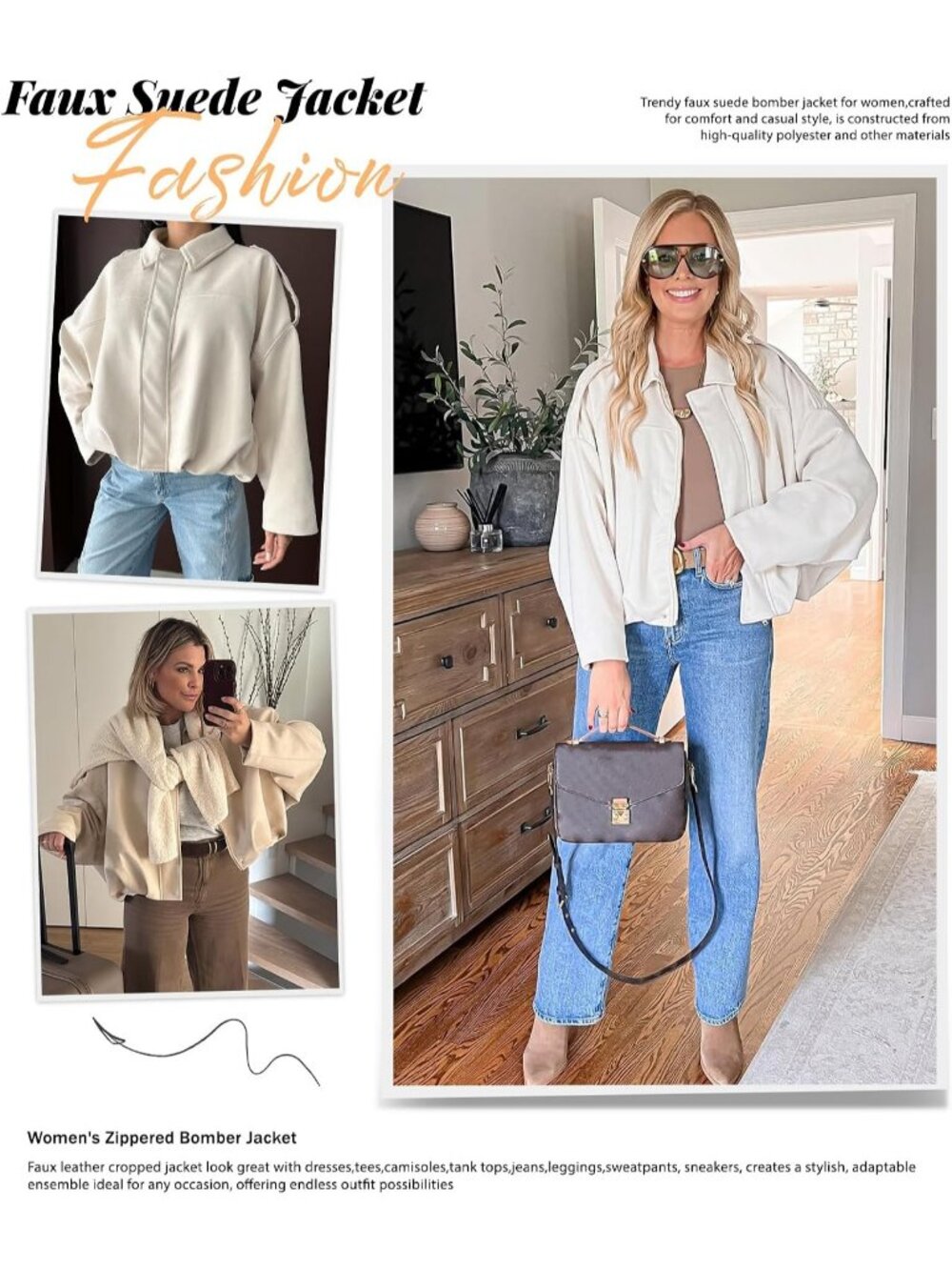 Women's Beige Faux Suede Oversized Collar Cropped Batwing Sleeves Bomber Jacket - Picture 2 of 5